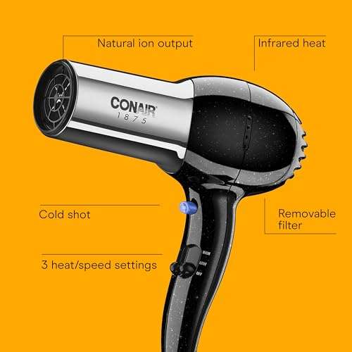 Conair Hair Dryer, 1875W Full-Size Hair Dryer with Ionic Conditioning, Blow Dryer, Tourmaline Ceramic Technology for Quick Drying, Black/Chrome 2