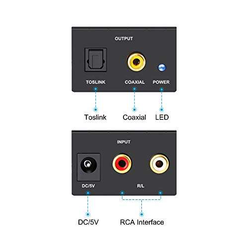 ADC Converter, PORTTA Analog RCA R/L to Digital SPDIF Optical Toslink Coaxial Audio Converter Adapter for PS3 PS4 Xbox DVD Blu-ray Sky HDTV Apple TV Amplifier Stereo Soundbar 2