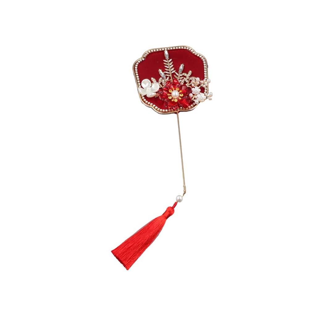 Pokinge Chinese Wedding Bridal Group Fan, Retro Bride Gold Red Circular Fan with Pendant, Flower-holding Fan, Handmade Flower Craft Photography Props(7) 6