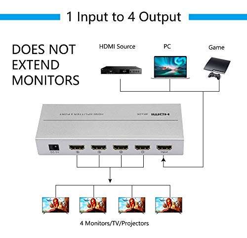CERRXIAN HDMI Splitter 1 in 4 Out 4Kx2K @30Hz HDMI 1.4 HDCP,1 x 4 HDMI Splitter with DC Adapter Supports 4K@30HZ Full HD1080P for Xbox PS4 PS3 Fire Stick Roku Blu-Ray Player HDTV (1 in 4 Out) 2