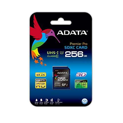 ADATA ASDX256GUI3CL10-R Premier Pro 256GB SDXC UHS-I Speed U3 Class 10 MLC 4K Ultra HD 95/60MB/s SD Memory Card 4
