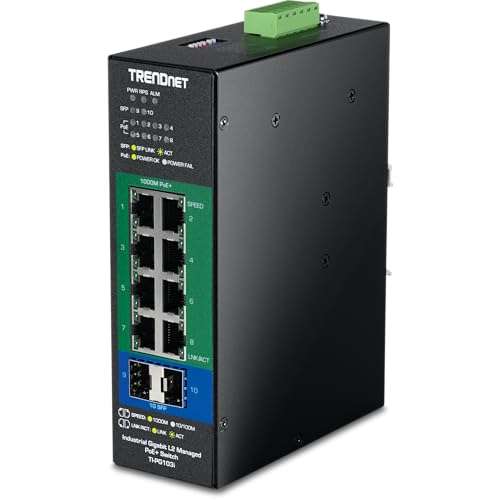 TRENDnet 10-Port Industrial Gigabit L2 Managed PoE+ DINRail Switch 24 – 57V, TI-PG103i, 8 x Gigabit PoE+ Ports, 2 x SFP Ports, 20Gbps, IP40, Ethernet Splitter, NDAA & TAA Compliant 1