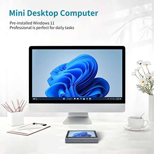 Mini PC Windows 11, Intel Celeron N4000 Mini Computer with 5.5in IPS Touchscreen, 4GB DDR4 RAM 64GB EMMC, 2.4G/5.0G WiFi, BT5.0, 4K HDMI Double Display, Gigabit Ethernet 5