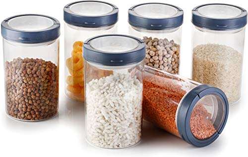 Many More Smart Lock Air Tight Kitchen Storage Container for Rice, Flour, Cereals,Snacks Round (900 ML) Set 6 (Grey)