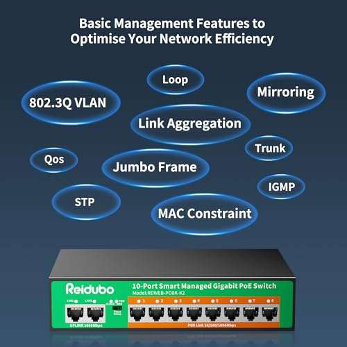 10-Port Gigabit Managed PoE Switch, 8 PoE+ Ports@120W with 2 Gigabit Uplink, IEEE802.3af/at, VLAN, PoE Scheduler, Fanless, Plug and Play, Sturdy Metal Ethernet Switch 5