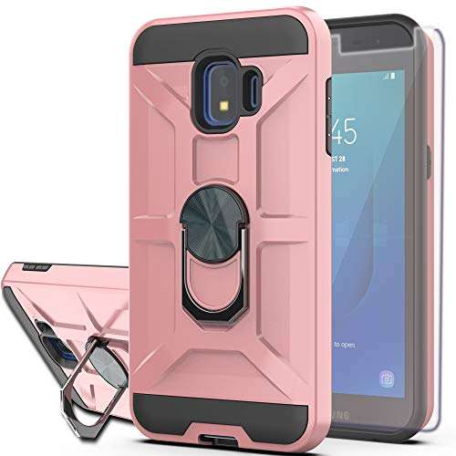 Galaxy J2 Core/Galaxy J2 2019/J2 Dash/Galaxy J2 Pure Case with HD Screen Protector YmhxcY 360 Degree Rotating Ring Kickstand Holder Dual Layers of Shockproof Phone Case For Galaxy J2 Core-ZS Rose Gold 1