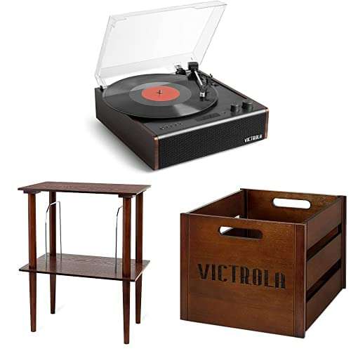 Victrola Eastwood Signature Bluetooth Record Player & Victrola Wooden Stand for Wooden Music Centers with Record Holder Shelf, Espresso & Victrola Wooden Record Crate 1