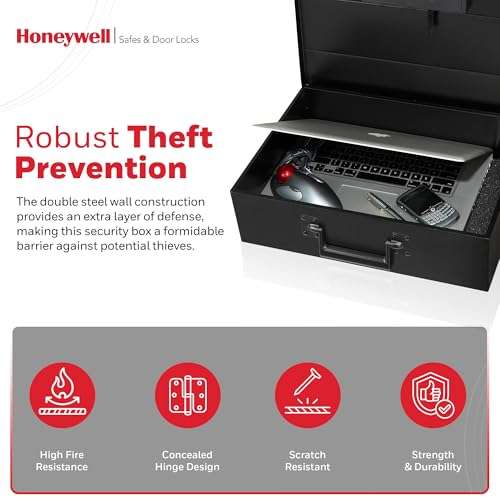 Honeywell Safes & Door Locks - Hideable Money Safe Box with Carry Handle - Fire Resistant Safe Document Box for Home - Metal Box with Digital Lock for Personal Items, Jewelry - 0.48-Cu - Black - 6110 3