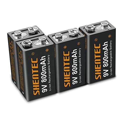 Shentec 9V Rechargeable Lithium Batteries, 800mAh Low Self-Discharge Square 9 Volt LithiumBattery for Alarms, Wireless Microphones, Smoke Detectors, Toys, Flashlights and More(4-Pack) 1