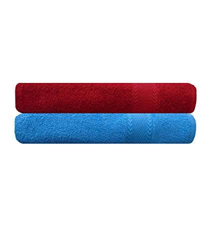Akin Premium Multicolor Cotton Bath Towels Set of 2 Piece | 500GSM | Length = 55 inch, Width = 28 inch | (Sky Blue, Red) 1