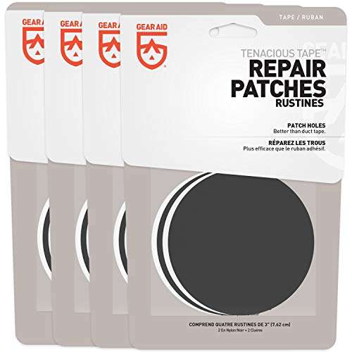 GEAR AID Tenacious Tape Repair Patches for Jackets, Tents, Outdoor Gear and Technical Fabrics, Black and Clear, 3” Rounds, 8 Patches, 4 Pack