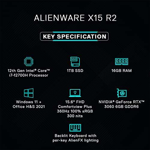 Dell New Alienware X15 R2 Gaming Laptop, Intel Core I7-12700H Processor/ 16Gb LP DDR5/ 1Tb SSD/Nvidia RTX 3060 (6Gb GDDR6)/ 15.6" (39.62cm) FHD360Hz 300Nits/ Win 11 + MSO'21/ Alien fx KB/ 2.34kg 4