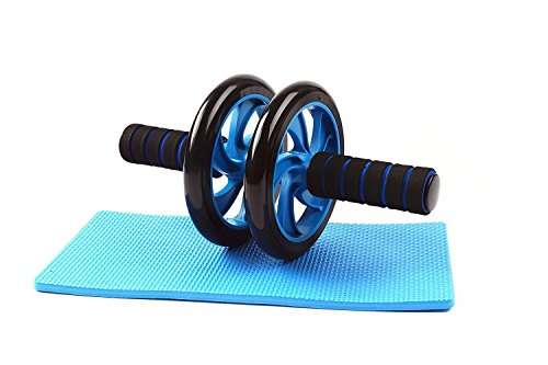 SKYFUN (LABEL) Home Gym Adjustable Core Abdominal Stomach Exercise Workout Abs Double Wheel Roller Fitness Exerciser Equipment With Knee Mat-Blue