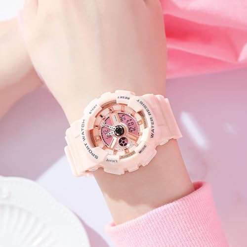 CARLIEN Men's Analog Digital Display LED Watch Military Multifunctional Waterproof Quartz Sports Watch with Transparent Strap (Pink Pink) 5