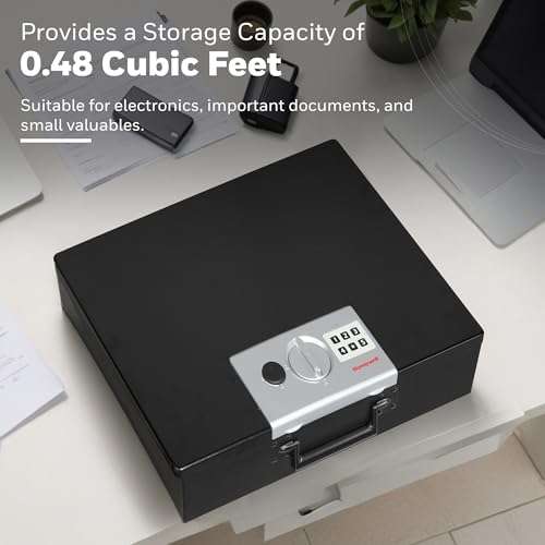 Honeywell Safes & Door Locks - Hideable Money Safe Box with Carry Handle - Fire Resistant Safe Document Box for Home - Metal Box with Digital Lock for Personal Items, Jewelry - 0.48-Cu - Black - 6110 5