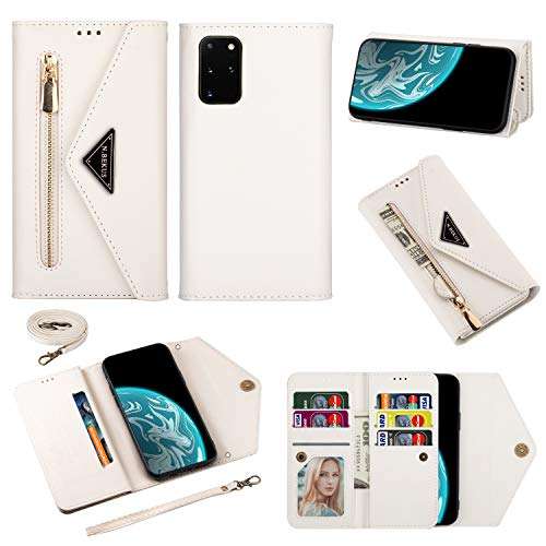 CCSamll Crossbody Wallet Case for Samsung Galaxy S20 FE (NOT S20), Zipper Pocket Purse Handbag Neck Strap Lanyard Cover with 9 Card Slot Holder Case for Samsung S20 FE 5G XK White 6