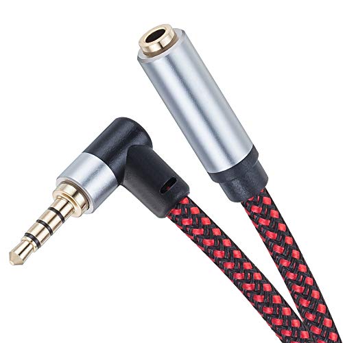 Tiierzon Audio Mic Extension Cable 3Ft,90 Degree TRRS 3.5mm Aux Headphone Extender 4-Pole Jack Plug Extension Lead Stereo Male to Female Braided Cord for Headset,Laptop,Phone,Car,PS4 and More (3Ft)