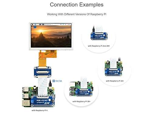 Waveshare 5inch Display 800x480 Hardware Resolution for Raspberry Pi 2B/3B/3B+/3A+/Zero/Zero W/Zero WH with DPI Interface No Touch Supports Raspbian Ubuntu OSMC etc. 4
