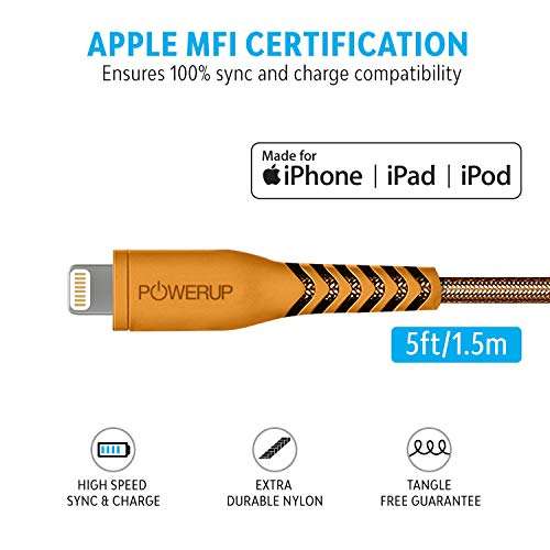 POWERUP® MFi Certified 1.5 Meter Sync and Charge Nylon Extra Tough Unbreakable Braided USB A Cable Compatible with iPhone 11/11 Pro/11 Pro Max/X/XR/XS/XS Max & SE (2020) - Orange 3