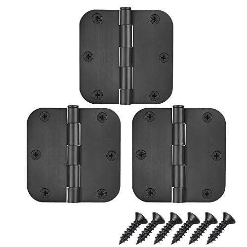 JQK Door Hinges Black, 3 1/2" Door Hinge Rounded 3.5 Inch x 3.5 Inch 5/8" Radius Corners Interior Door Hardware Matte Black, 3 Pack, HDH200-BK-P3 1