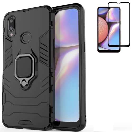 for Samsung Galaxy A10S Case,Hybrid Heavy Duty Shockproof Armor Dual Layer Protection Defender Back Case Cover for Samsung Galaxy A10S Tempered Glass Screen Protector (Black) 1