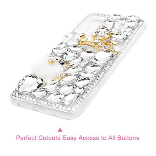 Galaxy S20 Case, Mavis's Diary Luxury 3D Handmade Bling Crystal Rhinestone Full Diamonds White Gems Crown and Fox with Fluff Hard PC Plastic Clear Protective Cover 6