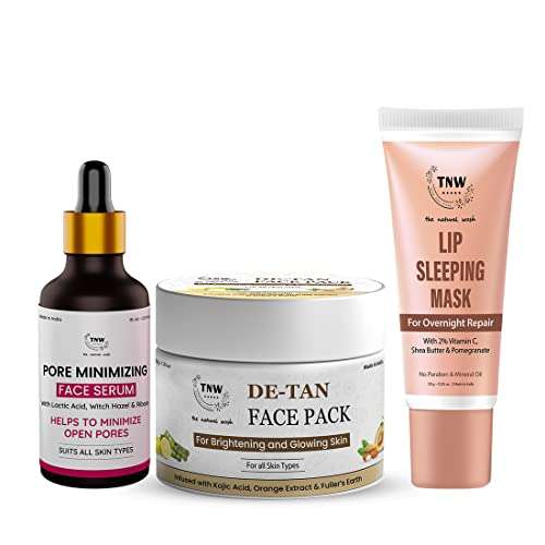 TNW-The Natural Wash Skincare Combo of 3 with Pore Minimizing Face Serum, De-Tan Pack & Lip Sleeping Mask | For Cleansing Pores, Removing Tanning & Healing Lips | Suitable for All Skin Types 1