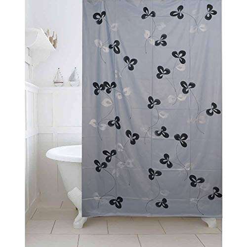 Heart Home Floral Design 7 Feet Shower Curtain with 8 Hooks (Grey)- CTHH6253