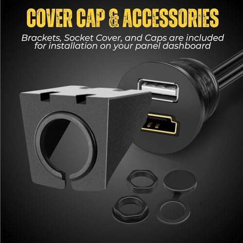 TNP USB HDMI Flush Mount Cable - Dashboard Panel Dash Mount USB + HDMI Port Socket Jack Plug Water Resistant Connector Extension Wire Cord for Car Truck Trailer Boat Motorcycle & More (1.8M / 6FT) 6