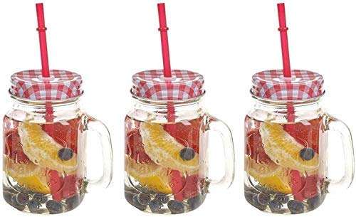 Evolluxi Glass Mason Jar with Multi-Color Air-Tight Lids with Straw Mugs with Handle, Regular Mouth for kitchen - 500 ML, Pack of (3)