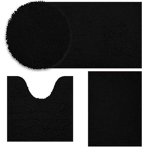 Bathroom Rugs Sets 4 Piece, Chenille Bath Rug Non-Slip Bath Mats with Soft Plush PVC Backing Water Absorbent Carpet 1'' Quick Dry Microfiber Toilet Mat, Black 1