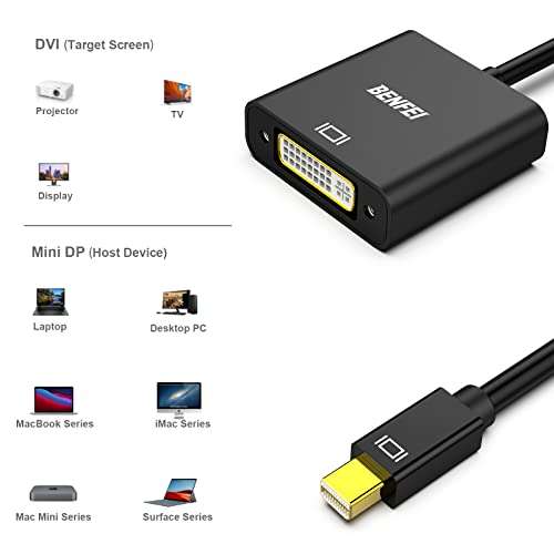 BENFEI Mini DisplayPort to DVI, Gold-Plated Mini DP (Thunderbolt 2 Compatible) to DVI Adapter Compatible with MacBook Air/Pro, Microsoft Surface Pro/Dock, Monitor, Projector and More 6