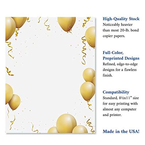 Gold Balloons Birthday Party Letter Papers -25 Sheets of Colorful, One-Sided Framed Letter Paper for Newsletters, Announcements, and Invitations 4