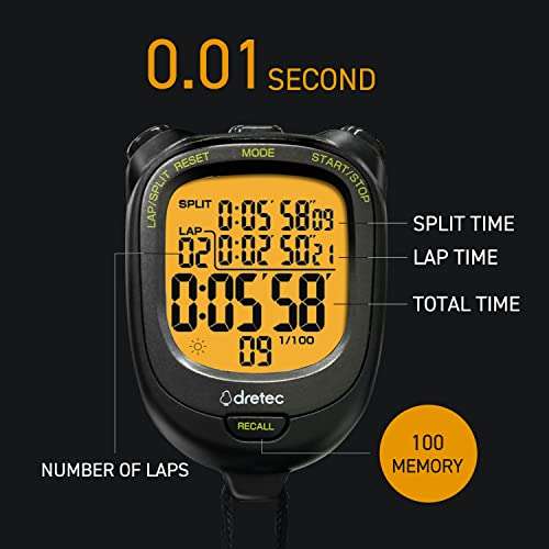 dretec Digital Stopwatch Timer Waterproof Backlight Alarm Calender for Swimming Running Training Kids Coaches Black 4