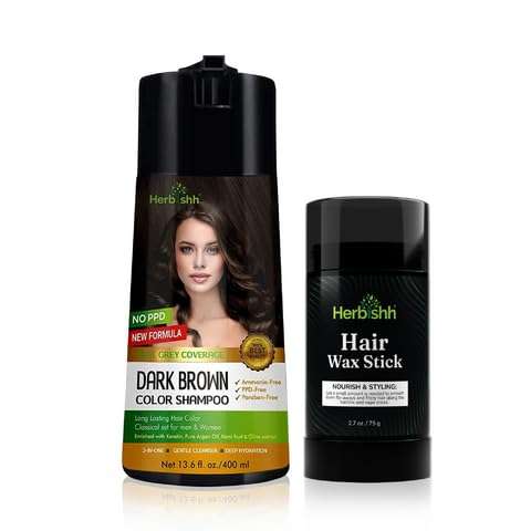 Herbishh Hair Color Shampoo (Dark Brown) - 400 mL + Hair Wax Stick 1