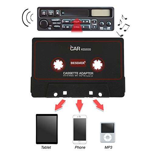 BESDATA Car Cassette Adapters for iPod, iPad, iPhone, MP3, Mobil Device, 3 Feet Long Cable with 3.5mm Male & 2.5mm Male Adapter & Microphone for Phone Calls, Black - KD200 2