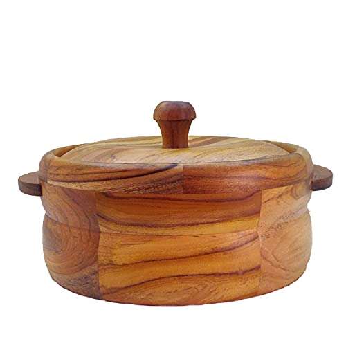 Shopeum ™ Wooden Solid Round Casserole with Tong (Brown, 1900 ml). 1