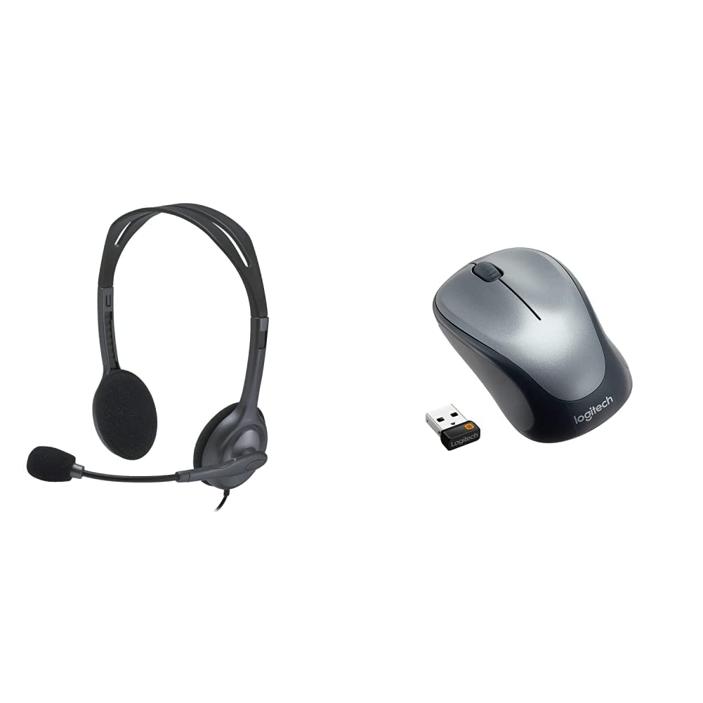 Logitech H111 Wired On Ear Headphones with Mic Black & M235 Wireless Mouse, 2.4 GHz with USB Unifying Receiver, 1000 DPI Optical Tracking, 12 Month Life Battery, Black/Grey 1