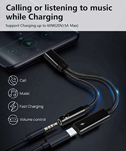 2 in 1 USB C to 3.5mm Headphone Audio and Charge Adapter, Type c to Aux Audio with PD 60W Fast Charge Adapter fit with iPhone 16 15 Pro Max, Galaxy S24 S23 S22, Pixel 9 8 7 6, iPad Pro/Macbook Air 2