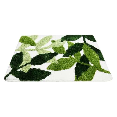 Baahrnom Tufted Bathroom Rugs 32" x 20" Extra Soft Green Bath Mat Machine Washable Cute Leaf Rug Non Slip Durable for Kitchen Bedroom Toilet 2