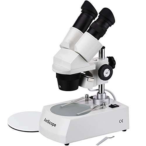 AmScope SE306-P Binocular Stereo Microscope, WF10x Eyepieces, 20X and 40X Magnification, 2X and 4X Objectives, Upper and Lower Halogen Lighting, Reversible Black/White Stage Plate, Pillar Stand, 120V 1