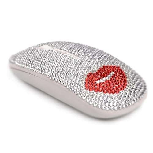 Bling Austrian Crystal Rhinestone Coverd Computer Mouse with USB Receiver, Sparkly Red Lips Flat Mice for Notebook, PC, Laptop, MacBook - Red Lip 3
