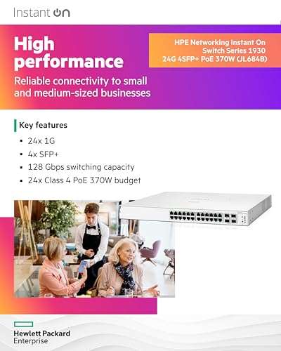 HPE Networking Instant On Switch Series 1930 24-Port Gb Smart-Managed Layer 2+ Ethernet Switch with PoE | 24x 1G | 4X SFP+ | 24x CL4 PoE 370W | US Cord (JL684B#ABA) 3