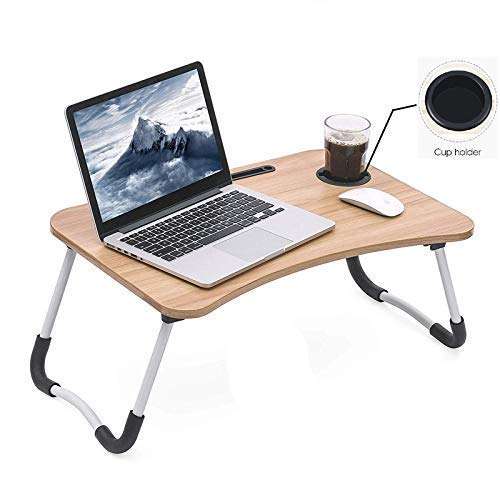 DKEXL Foldable Wooden Laptop Bed Tray Table,Foldable Non-Slip Legs Reading Table, Multifunction Lap Tablet Desk with Cup Holder (Brown)