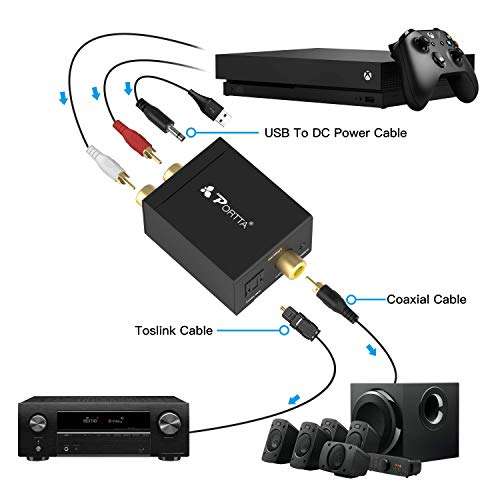 ADC Converter, PORTTA Analog RCA R/L to Digital SPDIF Optical Toslink Coaxial Audio Converter Adapter for PS3 PS4 Xbox DVD Blu-ray Sky HDTV Apple TV Amplifier Stereo Soundbar 3