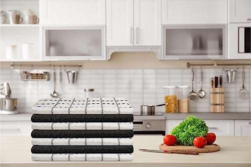 ZOYER Kitchen Towels (12 Pack) 15 x 25 Inch Cotton Terry Dish Towels, Tea Towels & Bar Towels 6 Pieces Black & 6 Pieces White Squares Design Dishcloth 3