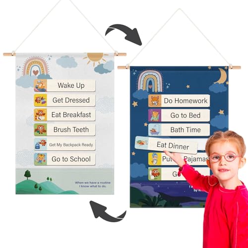 Canvas Visual Schedule for Kids, Schedule Board for Home with Wooden Blocks, Reward Chart Bedtime Routine Chart for Toddlers, Morning Routine Chart for Kids, Toddler Daily Routine Chart for Kids