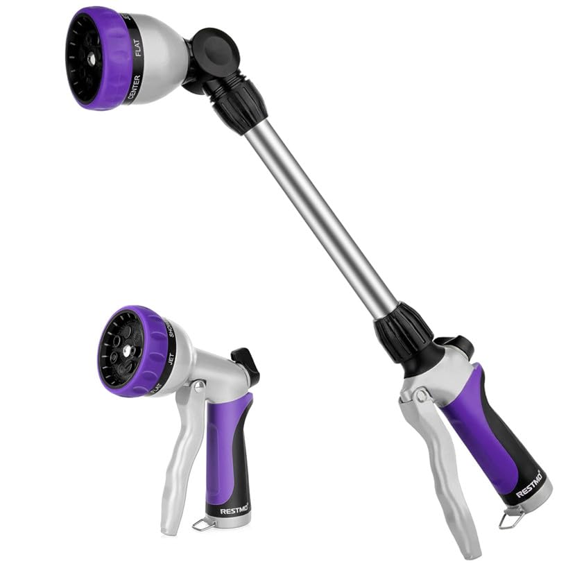 RESTMO Garden Hose Nozzle, Heavy Duty Metal Hose Wand with 7 Adjustable Spray Patterns, High Pressure Hand Sprayer with Flow Control, Best for Watering Plants & Lawns, Washing Cars & Pets