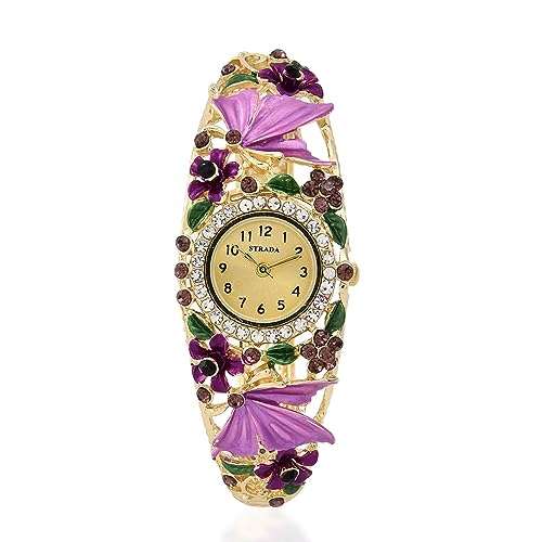 Shop LC Pink Butterfly Watches for Women Strada Crystal Japanese Movement Water Bangle Watch in Gold Plated with Stainless Steel Back Wrist Jewelry Fashion Analog Digital Classic Timer Birthday Gifts