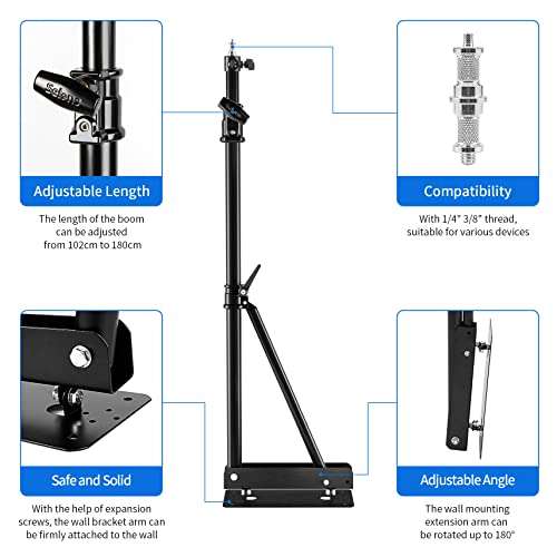 Selens Wall Mount Triangle Boom Arm-Max Length 5.9 Feet/180cm , 180° Flexible Rotation Camera Wall Mount for Photography Strobe Light, Ring Light, Umbrella Softbox, Reflector (Black) 6